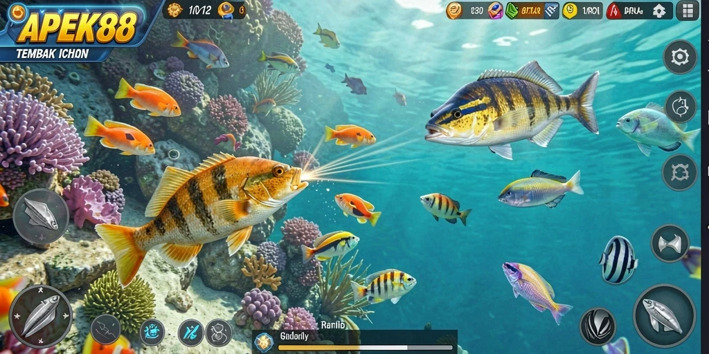 Screenshot gameplay APEK88 menampilkan aksi menembak ikan yang seru.