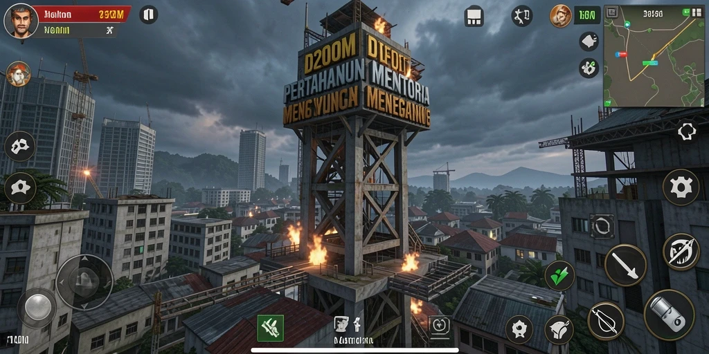 Tampilan gameplay seru D200M dengan pertahanan menara yang canggih.