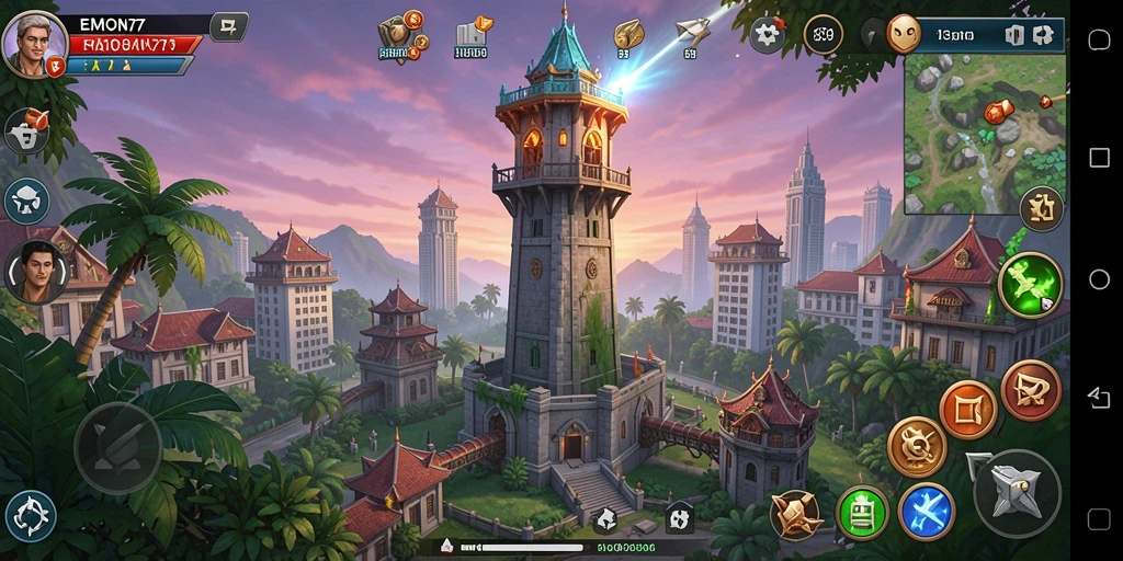 Tampilan gameplay EMON77 dengan menara pertahanan yang strategis.