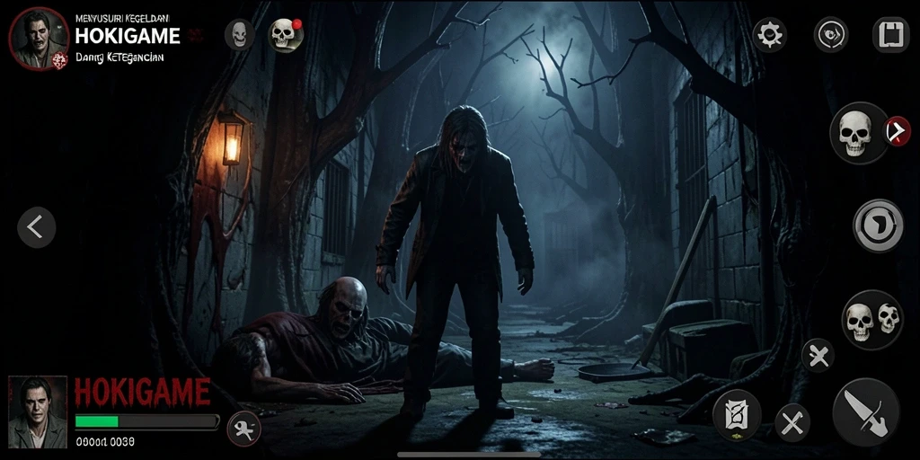 Tampilan gameplay HOKIGAME yang menakutkan dan mencekam.