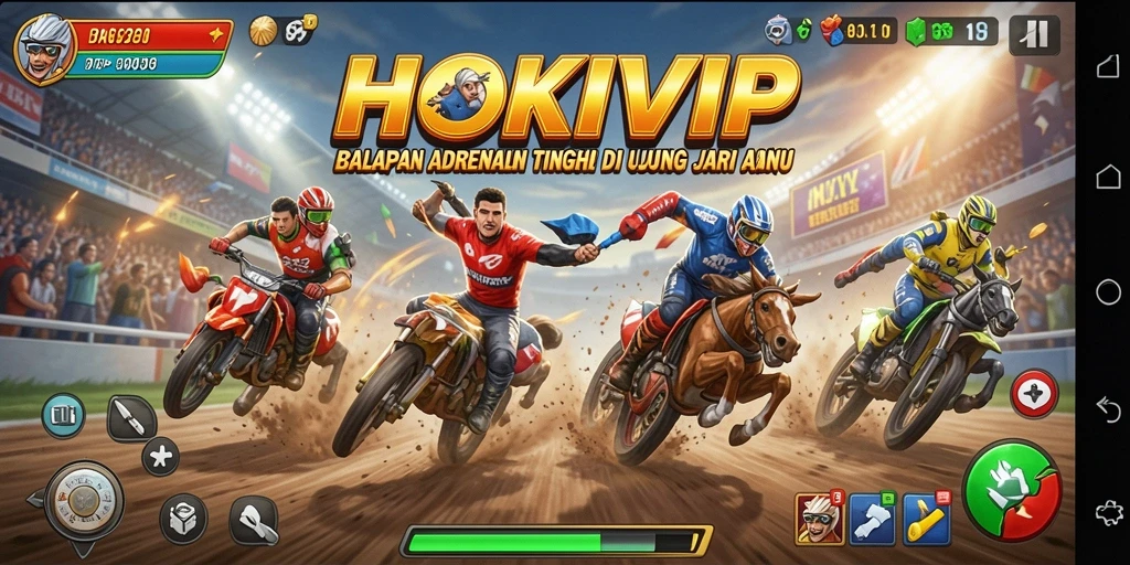Tangkapan layar utama HOKIVIP menampilkan aksi balapan yang mendebarkan.