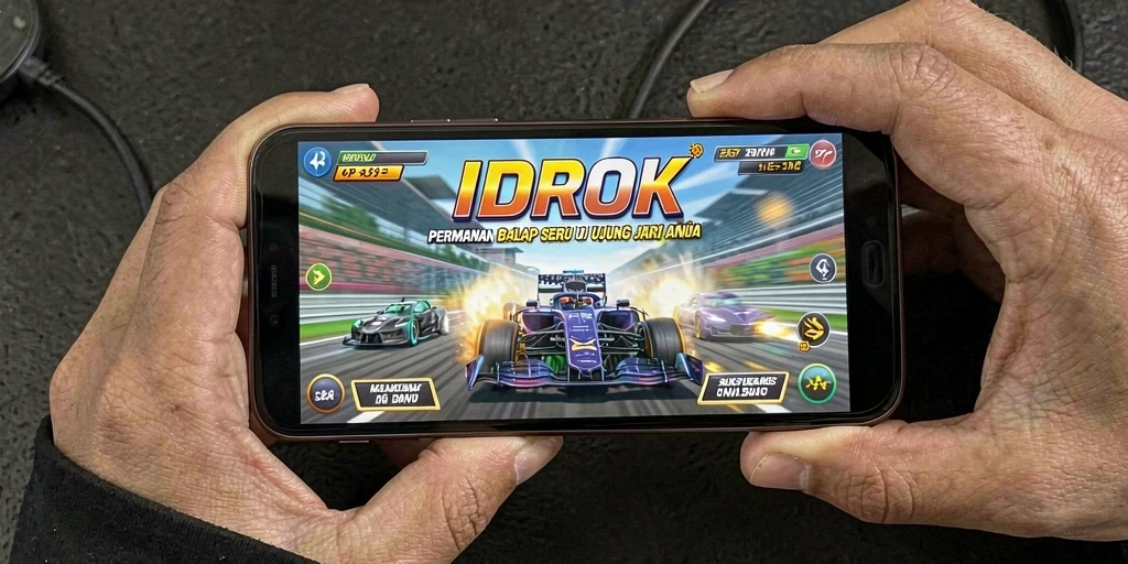 Tampilan gameplay menegangkan di IDROK saat balapan di trek yang indah.