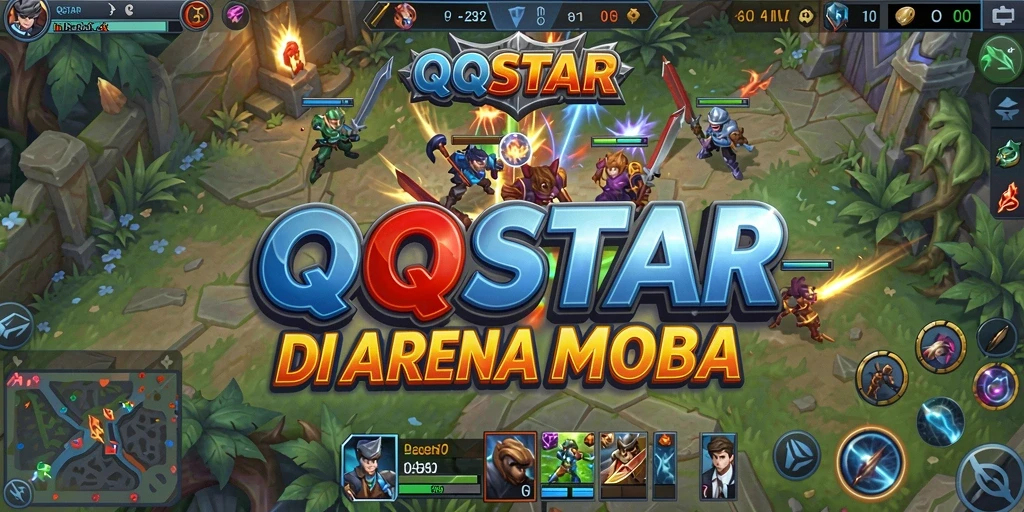 Gambaran gameplay seru di QQSTAR dengan pertarungan MOBA intens.