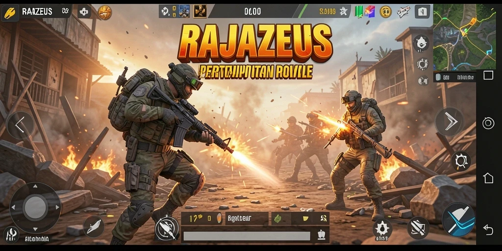 Menggambarkan adegan aksi intens dalam <strong>RAJAZEUS</strong>, permainan Battle Royale yang mendebarkan.